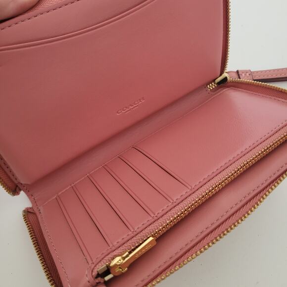 COACH Signature Phone Zippered Wallet With Strap 6 1/4 x 3 1/2 Pink Tan Medium - Picture 4 of 8